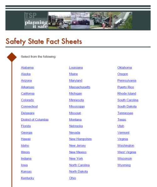 Screenshot: Safety State Fact Sheets state selection page.