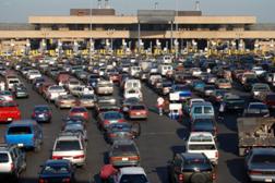 Cars lined up to pass into America from Tijuana Mexico.