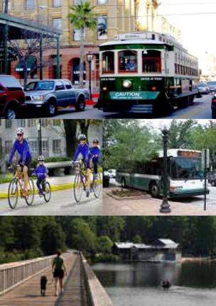 Photos of a street car, bikers, a bus, and a person walking a dog across a pedestrian bridge. 