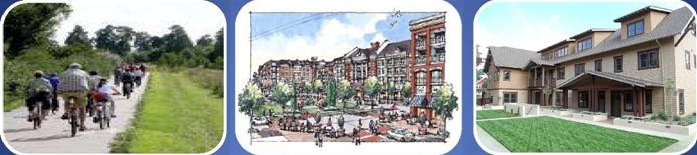 3 images: a group on a bike path, a drawing of a building, a house