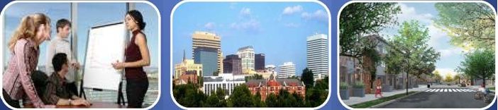 3 photos: a woman giving a presentation to 3 people; a skyline, and a neighborhood street.