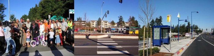 Photo: a crowd, a crosswalk, and a bus stop.