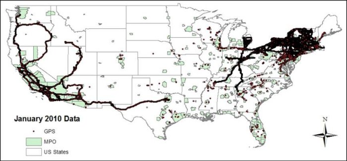 A map of the United Stated showing GPS-based travel activity data of more than 2,000 Class 8 heavy-duty trucks in the Highway Visibility System (HIVIS, http://www.calmartelematics.com/hivis.php) during the month of January 2010. The GPS points on the map represent locations where position and velocity information of the trucks were sent wirelessly to the HIVIS data server. This map also shows that most of the truck travel activity occurred within the jurisdictional boundary of metropolitan planning organizations (MPO) across the nation.