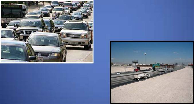 Top left:  Cars, trucks and a bus forming traffic congestion on the highway. Bottom right: Trucks and vehicles on an open highway. 
