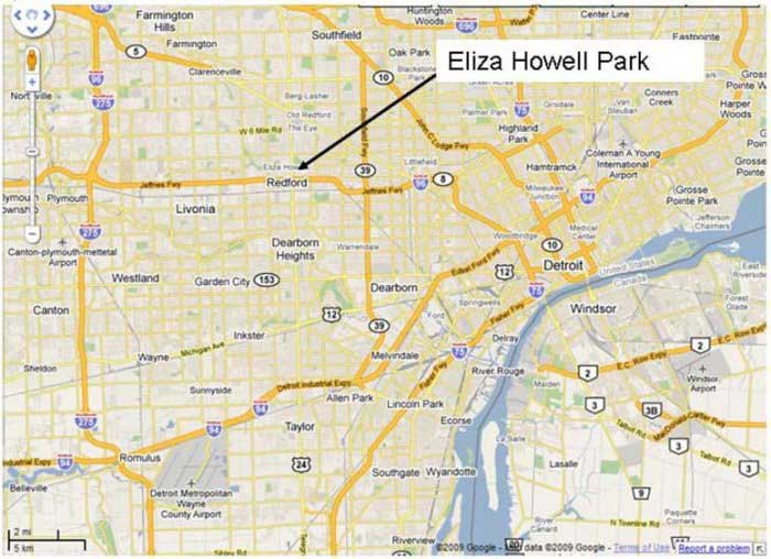 Overview map of Detroit highlighting Eliza Howell Park in the upper, left quadrant.