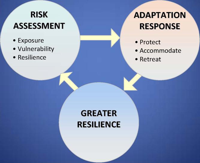 Three circle flow chart. Assessment (exposure, vulnerability, resilience) > Response (protect, accommodate, retreat) > Greater Resilience.