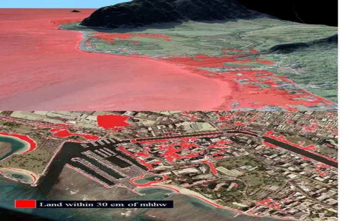 Description: Low lying coastal communities (Kaaawa, red<1m) and (below) Waikiki showing land within 30 cm of high tide (red). Elevation and inundation maps such as these can serve as decision support tools to assess sea level vulnerability in Hawaii.) Source: Grant Proposal Assessing Vulnerability and Risk of Climate Change Effects on Transportation Infrastructure, 30 July 2010, Oahu Metropolitan Planning Organization.