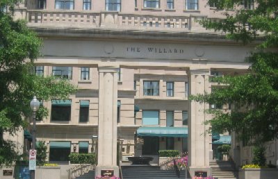The ornate Willard Inter-Continental Hotel, with its offices and commercial strip, is the latest version of the Willard Hotel, which can trace its roots to 1816.  The hotel is on the north side of Freedom Plaza.