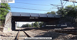 Photo of railroad tracks below bridge