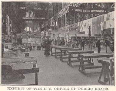 During the Panama-Pacific Exposition, the U.S. Bureau of Public Roads' exhibit (shown here) in the Machinery Palace was the most comprehensive exhibit in its history to that point. The exhibit was intended to stimulate road building and encourage better methods of construction and maintenance.