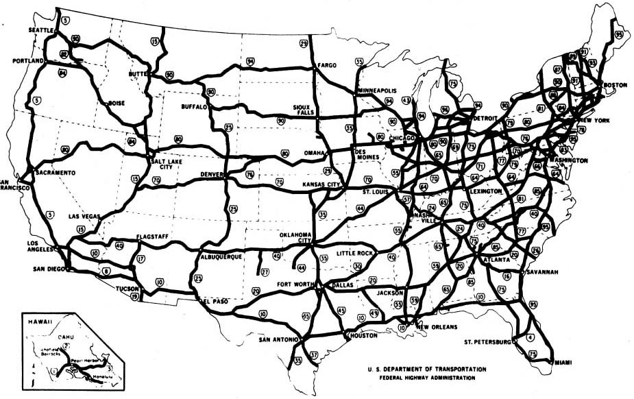 This map shows the Dwight D. Eisenhower National System of Interstate and Defense Highways authorized by the Federal-Aid Highway Act of 1956, as amended