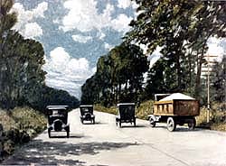 Early automobiles and a truck drive on a 'modern' highway.