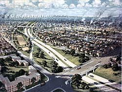 A large expressway runs  through a city and suburbs. We see interchanges and bridges.