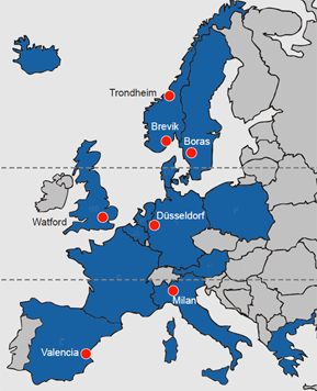 This image shows a map of Europe and indicates the cities containing field sites with a red dot. Cities noted include Trondheim, Brevik, Boras, Watford, D&uuml;sseldorf, Milan and Valencia.