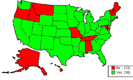 US map showing which states answered yes or no to base aggregate. ME, NH, VT, MD, AL, TN, MO, HI, AK, MT, ID, and OR answered No. Rest of states answered yes
