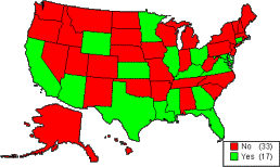 US map showing which states answered yes or no to Miscellaneous. CA, NM, WY, KS, TX, WI, IL, KY, OH, VA, MD, GA, FL, CT, DE, LA, and MS answered yes. Rest of states answered no.
