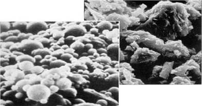 Figure 1-4: Microscopic photographs of fly ash (left) and portland cement (right).