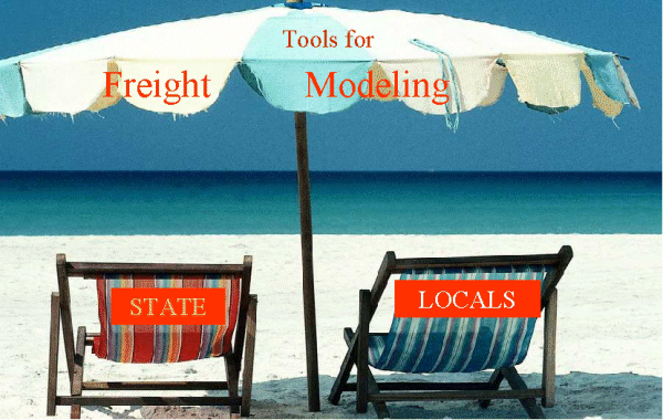 photo of two beach chairs and an umbrella at the beach; text Tools for Freight Modeling
