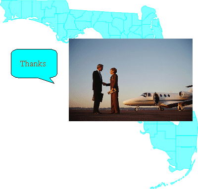 photo of a man and woman by an airplane with an image of Florida in the background.