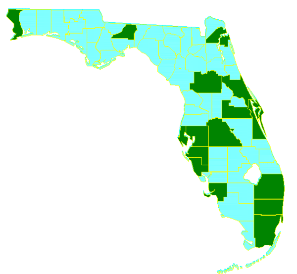 map showing Florida's 15 urban areas in 1980