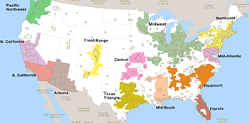 This image provides an overview of the 13 FHWA Preliminarily Identified Regional Areas for National Economic Partnership Opportunities in the U.S. based on feedback from State DOTs and MPOs. Regional Areas shown on this map include: Pacific Northwest, Northern California, Southern California, Arizona, Front Range, Central Plains, Texas Triangle, Florida, Mid-South, Piedmont, Midwest, Mid-Atlantic and Northeast