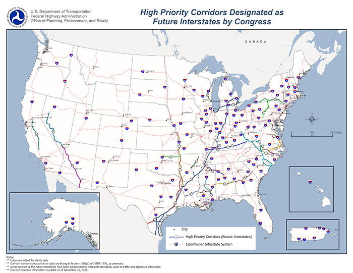 Future Interstates on the National Highway System Designated by Section 1105 of ISTEA as amended. (Congressional High Priority Corridors.) Click image for text version. 