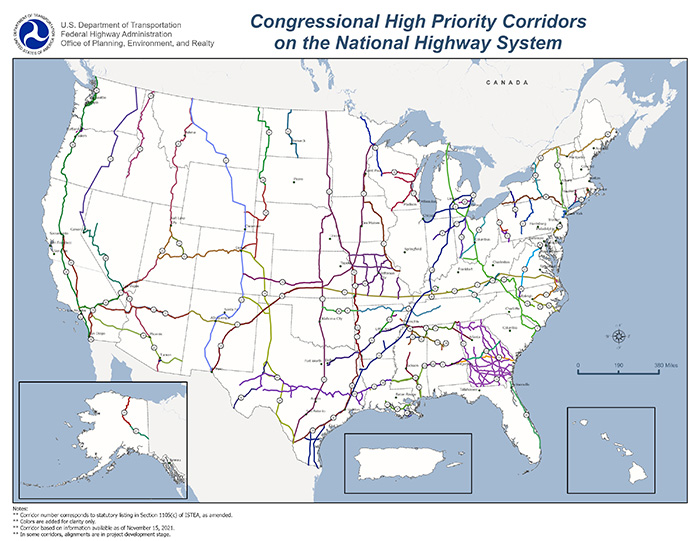 Map of High Priority Corridors in the U.S. Click for text equivalent.