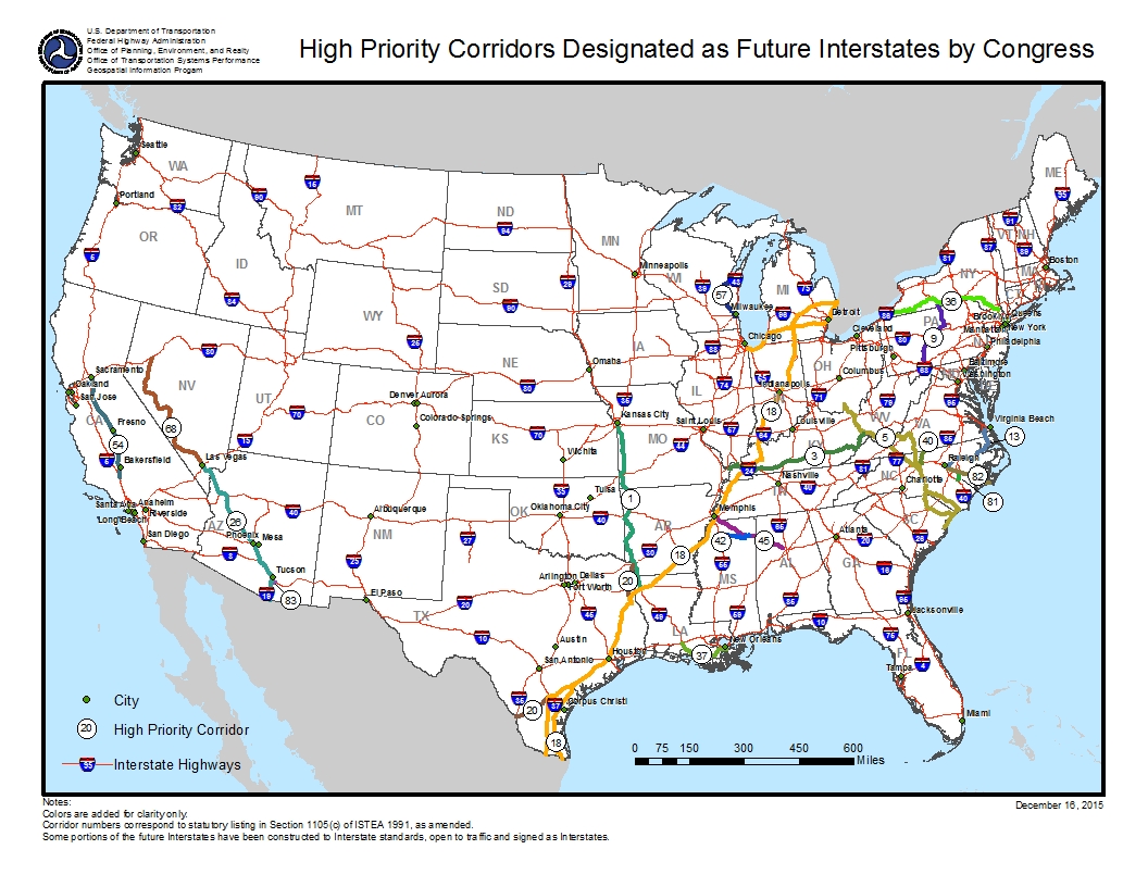 Future Interstates on the National Highway System Designated by Section 1105 of ISTEA as amended. (Congressional High Priority Corridors.) Click image for text version. 