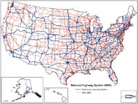 Small map of the NHS in the U.S. Access a PDF version of the entire NHS by clicking on this image. For a full text description of the NHS, see http://www.fhwa.dot.gov/planning/national_highway_system/nhs_maps/