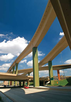 Photo. Image of several elevated highways crossing each other at various levels.