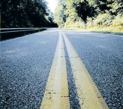 Photograph taken from a low perspective of the center lane of a two lane road, straddled by trees.