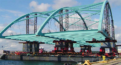 Assembled in staging area & barged to site on SPMTs Providence River Bridge, Rhode Island, 2006