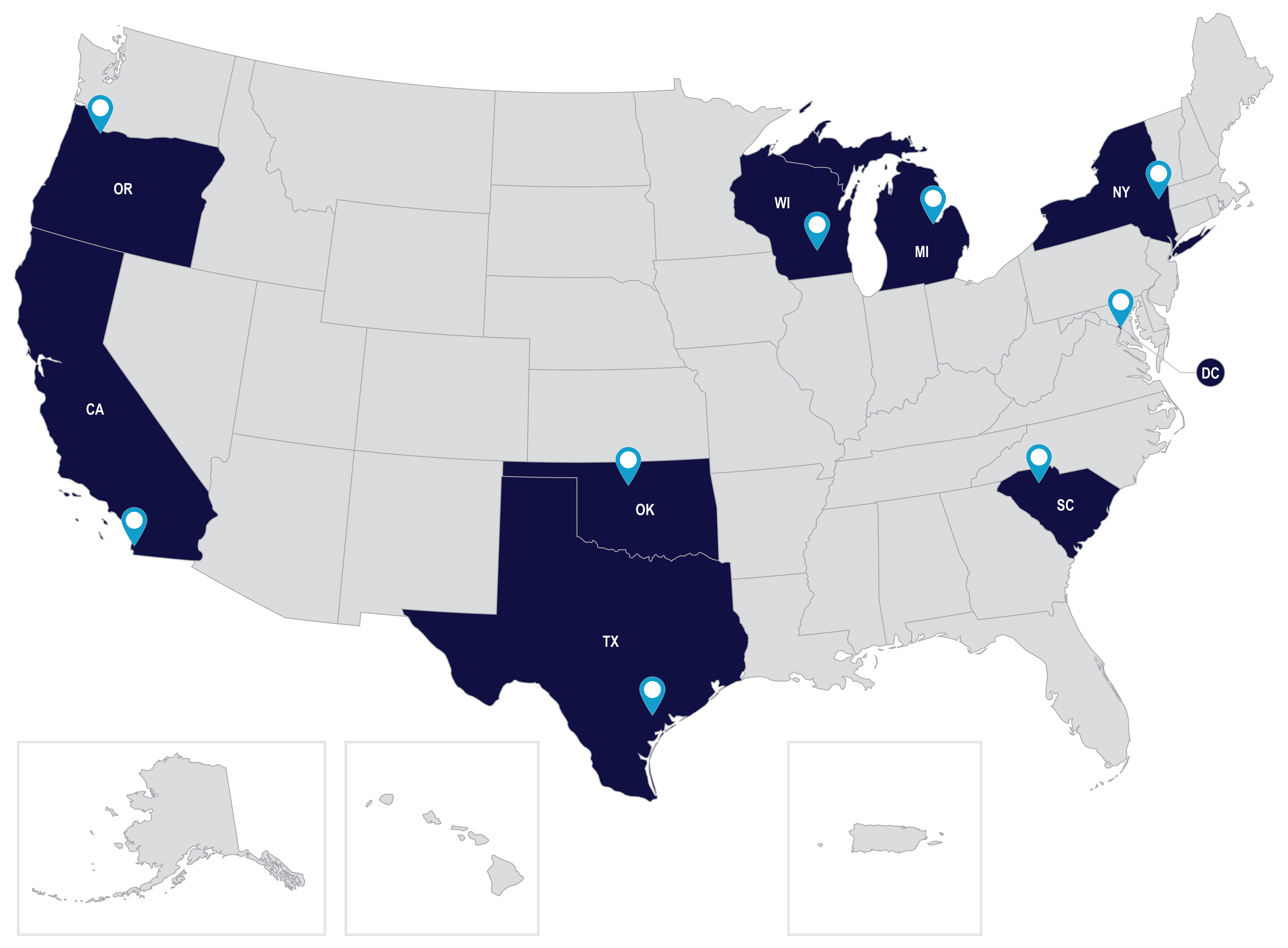 U.S. map graphic denoting the States receiving BIP Bridge Grants:California, District of Columbia, Michigan, New York, Oklahoma, Oregon, South Carolina, Texas, and Wisconsin