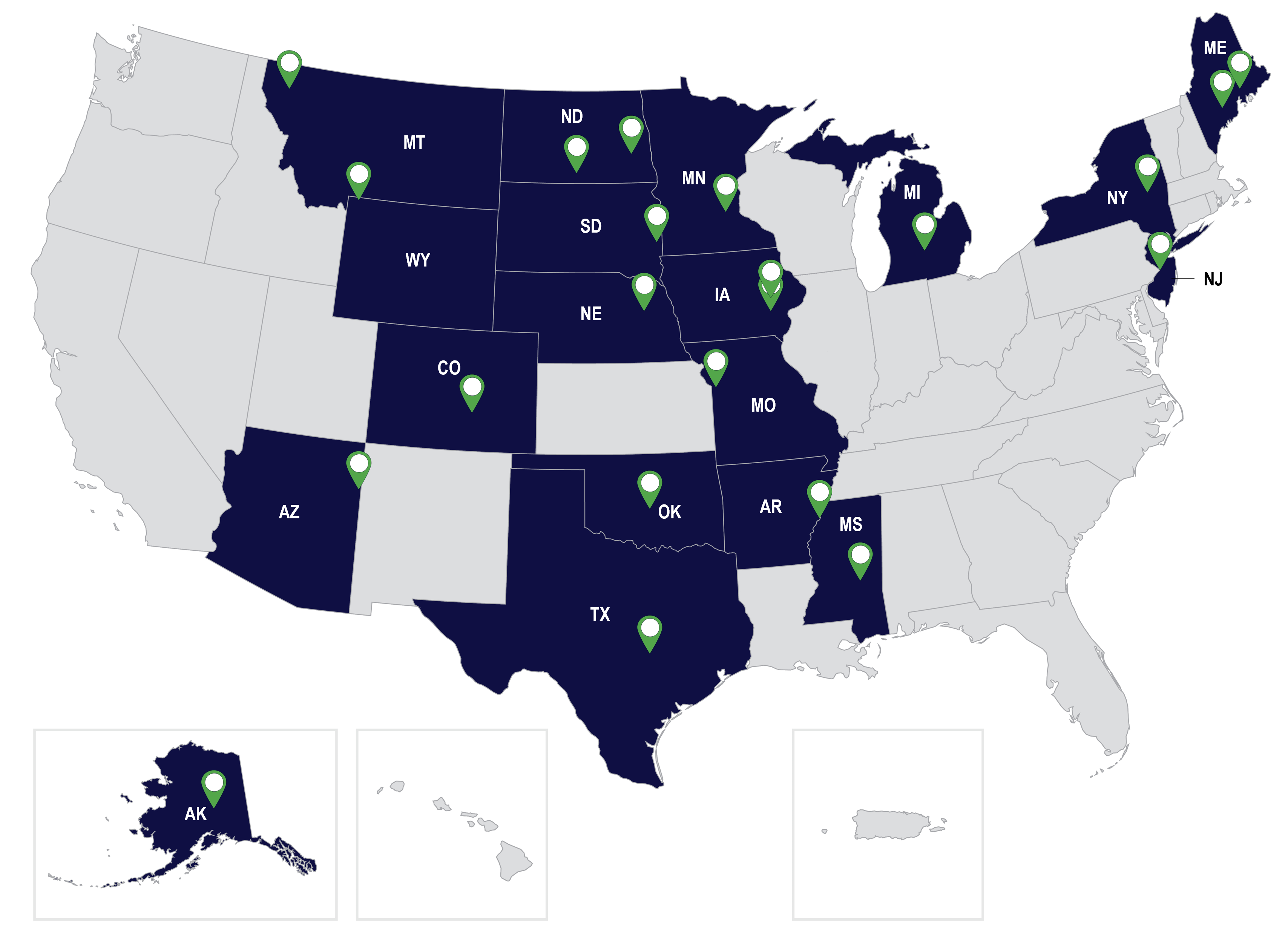U.S. map designating locations of the 22 planned projects in these 18 states: Arkansas, Arizona, Colorado, Iowa, Maine, Michigan, Minnesota, Missouri, Mississippi, Montana, North Dakota, Nebraska, New Jersey, New York, Oklahoma, South Dakota, Texas, and Wyoming.