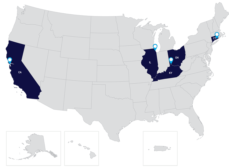 U.S. map graphic denoting the States receiving BIP Large Bridge Grants: California, Connecticut, Illinois, Kentucky, and Ohio.