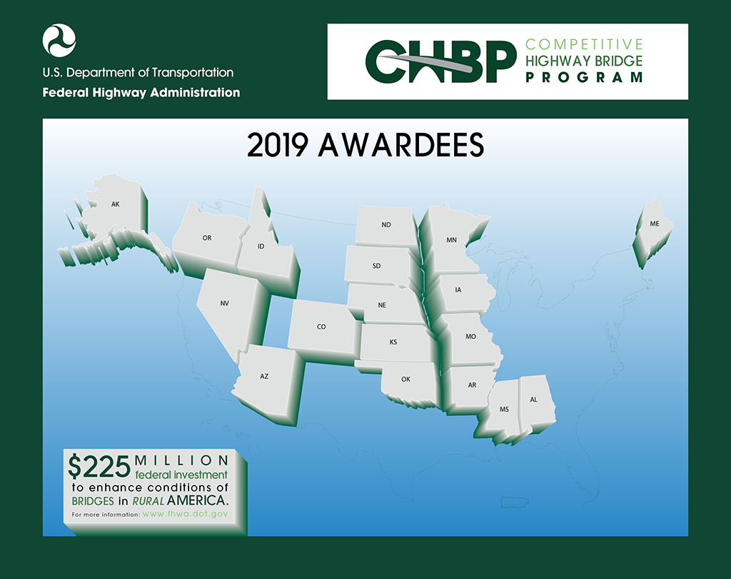 Competitive Highway Bridge Program 2019 Awardees. 225 million dollar federal investment to enhance conditions of bridges in rural America.