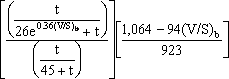 k sub s equals quantity numerator t divided by quantity 26 times e raised to the 0.36 times V divided by S for the beam plus t end quantity divided by the denominator t divided by the quantity 45 plus t end quantity end quantity times quantity 1064 minus 94 times V divided by S for the beam end quantity divided by 923. (SC5.4.2.3.3-1)