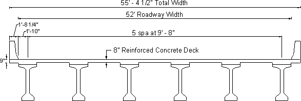 The bridge cross section showing six prestressed concrete girders supporting a reinforced concrete bridge deck. Two parapets flank the roadway width.