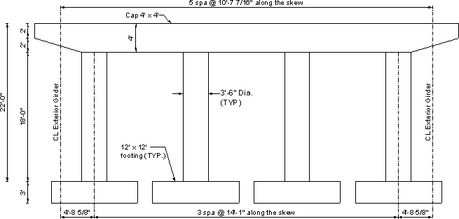 Intermediate pier shown. There are 4 equally spaced circular columns with individual square spread footings supporting a pier cap with haunched ends.