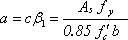 a equals c times beta sub 1 which equals A sub s times f sub y divided by the quantity of 0.85 times f prime sub c times b.