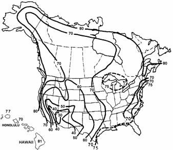 Figure showing a map of the United States and Canada providing the annual average ambient relative humidity in percent to be used with equation S5.9.5.4.2-1.