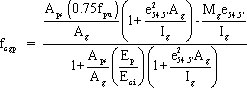 f sub cgp equals numerator of A sub ps times 0.75 times f sub pu divided by A sub g times the quantity 1 plus e sub 54.5 feet squared times A sub g divided by I sub g end quantity minus M sub g times e sub 54.5 feet divided by the denominator 1 plus A sub ps divided by A sub g times the quantity of E sub p divided by E sub ci end quantity times the quantity of 1 plus e sub 54.5 feet squared times A sub g divided by I sub g end quantity.