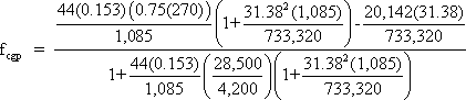 f sub cgp equals numerator of 44 times 0.153 times 0.75 times 270 divided by 1085 times the quantity 1 plus 31.38 squared times 1085 divided by 733320 end quantity minus 20142 times 31.38 divided by the denominator 1 plus 44 times 0.153 divided by 1085 times the quantity of 28500 divided by 4200 end quantity times the quantity of 1 plus 31.38 squared times 1085 divided by 733320 end quantity.