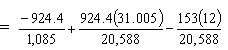 -924.4 divided by 1085 plus 924.4 times 31.005 divided by 20588 minus 153 times 12 divided by 20588.