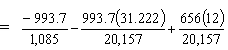 -993.7 divided by 1085 minus 993.7 times 31.222 divided by 20157 plus 656 times 12 divided by 20157.