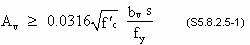 A sub v has to be greater than or equal to 0.0316 times the square root of f prime sub c times b sub v times s divided by f sub y. (S5.8.2.5-1)