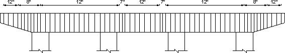 Figure showing the pier cap stirrup distribution. Stirrup spacing is generally 12 inches along the full-length, except 7 inches to the inside of the interior columns for two spacings and 8 inches from the center of the exterior column to the location of the exterior girder on either side.