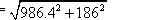 square root of quantity of 986.4 squared plus 186 squared end quantity.