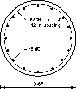 Figure showing the column cross section with the reinforcement shown. Column diameter 3 ft.-6 inches, with 16 No. 8 bars along the inside of No. 3 ties, spaced at 12 inches.