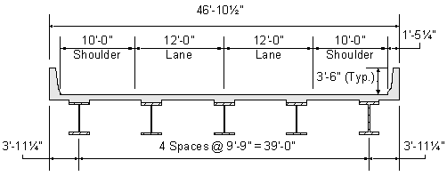 Superstructure cross section consisting of a concrete deck with Jersey barriers on 5 steel girders which are spaced at 9 foot 9 inches each for a total of 39 foot 0 inches and with a 3 foot 11 and one quarter inch deck overhang on each side for a total deck width of 46 foot 10 and one half inches. The barriers are 3 foot 6 inches high and 1 foot 5 and one quarter inches wide. There are 2 lanes at 12 foot 0 inches each and 2 shoulders at 10 foot zero inches each.